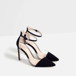 Zara Black Suede Cap Toe Heels w/ Plastic Detail